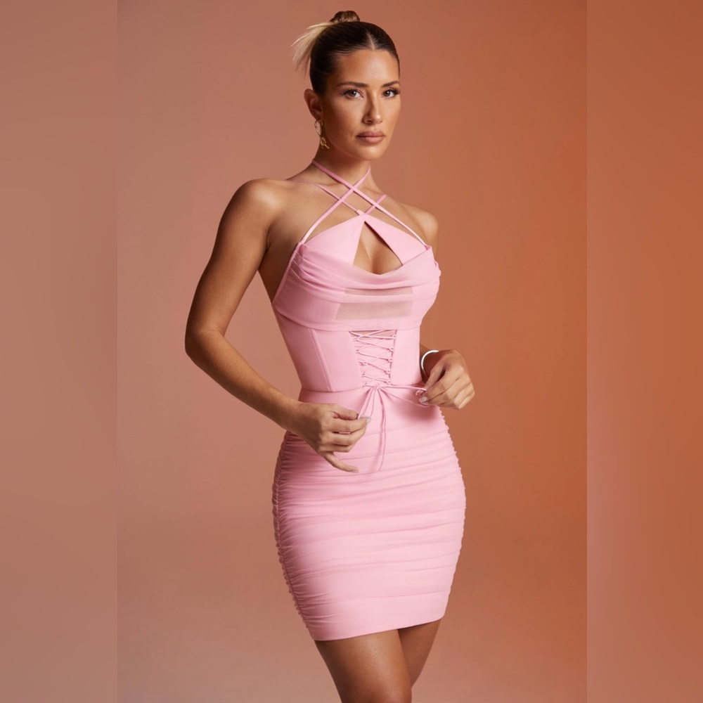 NOELANI- Halter Neck Corset Mini Dress in Pink